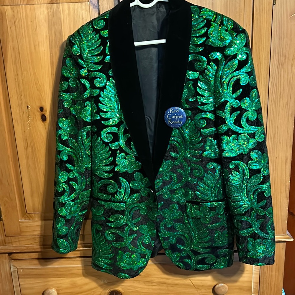 Green and Black Floral Tuxedo Blazer Holiday